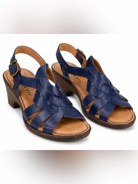 Born Navy Leather Wedge Sandals Women’s Size 10M Slingback Comfort Sandals